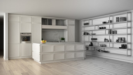Architect interior designer concept: unfinished project that becomes real, classic kitchen in modern apartment with parquet floor, minimalistic design idea