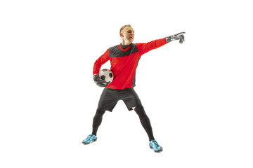 One male soccer player goalkeeper pointing away and screaming isolated on white background. Appeal...