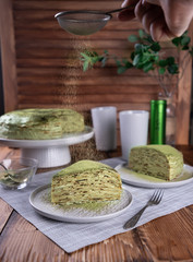 crepe cake with green matcha tea