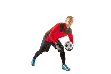 Fototapeta na wymiar One male soccer player goalkeeper standing and holding ball. Silhouette isolated on white studio background