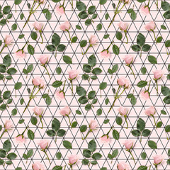 Flower pattern made from pink roses, green leaves on a pastel pink background. Flower pattern. Flower texture. Flat lay. Floral background. Top view.