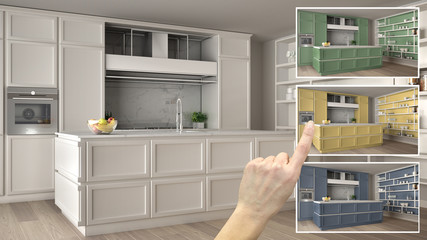 Architect designer concept, hand showing classic bright kitchen colors in different options,...