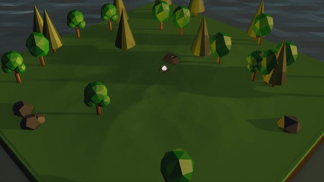 3D model of a green park with a place for picnic by the fire on grey background. Abstract graphic design, volume illustration of a green meadow with trees.