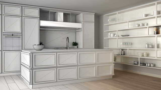 Architect interior designer concept: unfinished project that becomes real, classic kitchen in modern apartment with parquet floor, minimalistic design idea