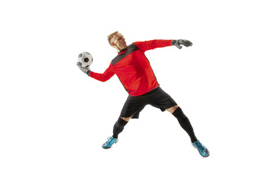 Fototapeta na wymiar one soccer player goalkeeper man throwing ball. Silhouette isolated on white studio background