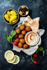 Middle Eastern traditional dinner. Authentic arab cuisine. Meze party food. Top view, flat lay, overhead