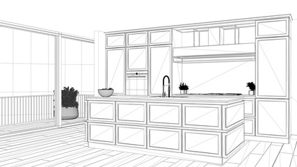 Interior design project, black and white ink sketch, architecture blueprint showing classic kitchen in modern luxury apartment with parquet floor, contemporary architecture