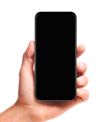 male hand holding bezel-less smartphone with blank black screen, isolated on white background . Screen is cut out with path