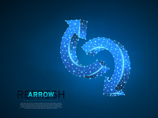 Refresh circular arrows symbol. Wireframe digital 3d illustration. Low poly, repeat, recycling button concept on blue background. Abstract Vector polygonal neon sign. RGB color mode