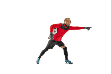 Obraz na płótnie Canvas One male soccer player goalkeeper pointing away and screaming isolated on white background. Appeal to the referee, order to defenders and human emotions concept