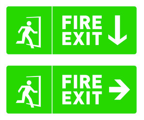 Fire Exit Sign Template; Green Emergency Exit Safety Signs Pack with Directional Arrows; Printable Vector Illustration; HSE, Health and Safety
