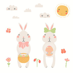 Illustration vectorielle dessinée à la main de mignons lapins de Pâques, avec panier, œufs, soleil, nuages, fleurs. Objets isolés sur fond blanc. Design plat de style scandinave. Concept pour les enfants imprimer, carte.