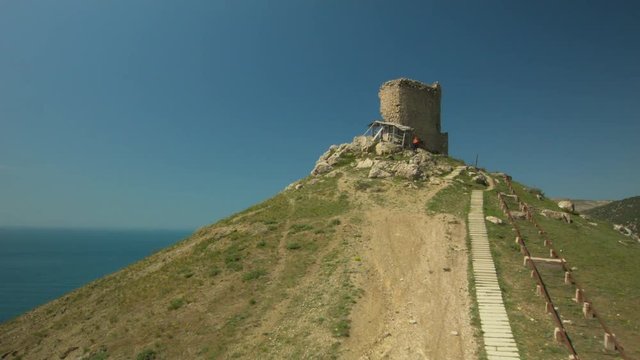 Aerial footage Ancient Turkish fortress of Cembalo in Balaklava