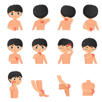 Various painful points set. Little boy kid suffering from pain in different body parts isolated vector illustration.