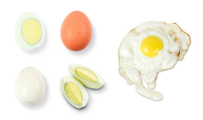 Brown chicken egg. In different kinds. Whole, fried, boiled. Close up. Isolated on white background