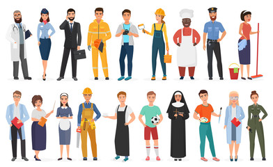 Collection of men and women people workers of various different occupations or profession wearing professional uniform set vector illustration. - obrazy, fototapety, plakaty