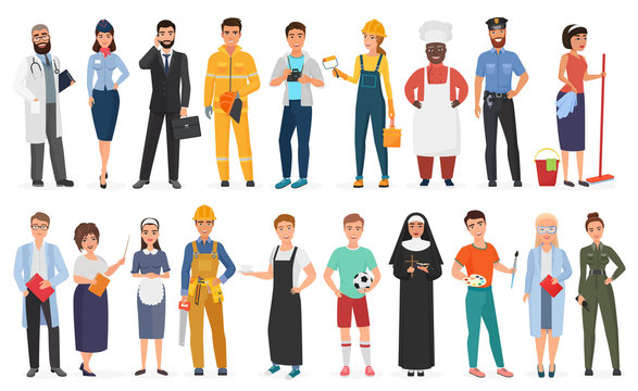 Collection of men and women people workers of various different occupations or profession wearing professional uniform set vector illustration.
