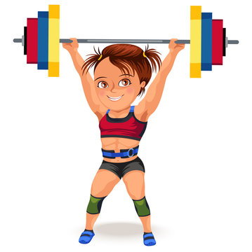 Not female professions, Strong muscular woman Weightlifting in sprt sports suit bikini and bra lifting barbell, a strong girl works hard vector illustration on white background