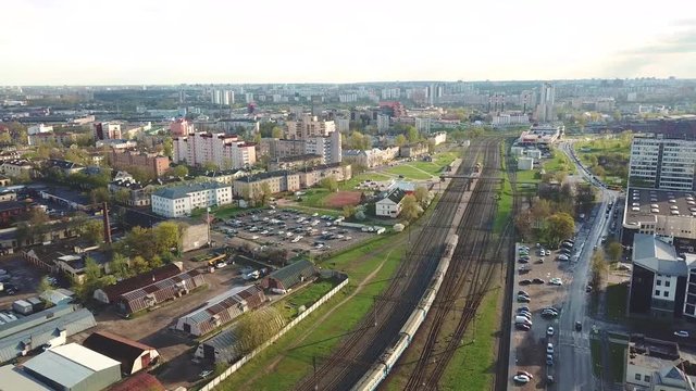 Big city spring aerial view. Railroad station. Cityscape of Minsk, capital of republic Belarus