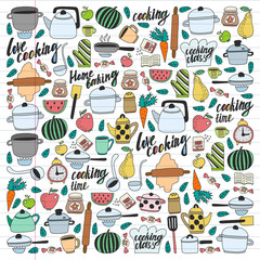Vector set of children's kitchen and cooking drawings icons in doodle style. Painted, colorful, pictures on a piece of linear paper on white background.