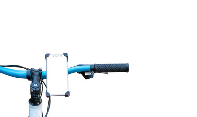 Smartphone mount on handlebar of mountain bike isolated on white background.