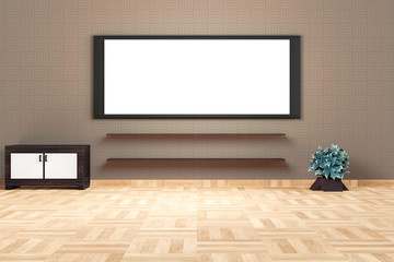 Modern Living room interior with a large white board on a top brown wall, a lockers and flowers pot on the wood floor for vintage style. 3d rendering