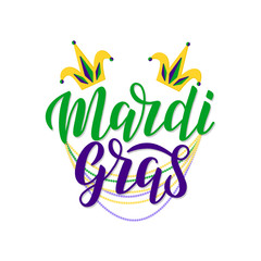Obraz premium Mardi Gras lettering logo decorated by two foolscap and traditional beads. Mardi Gras typography lettering poster. EPS 10
