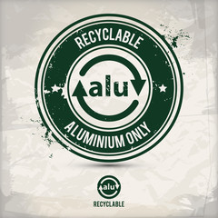 alternative recyclable alu stamp containing: two environmentally sound eco motifs in circle frames, grunge ink rubber stamp effect, textured paper background, eps10 vector illustration