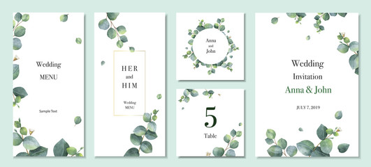 Watercolor vector set wedding invitation card template design with green eucalyptus leaves.