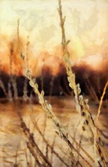 Nature motifs. Beauty spring or summer landscape. Oil painting original wall art print in large size for interior design decor. Impressionism modern pictorial. Contemporary mixed drawing on canvas.