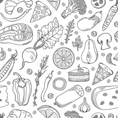 Seamless pattern with food. Hand drawn food on white background. Vector illustration for your design. 