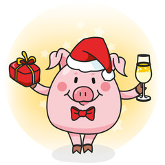 piggy with gift and champagne freehand drawing