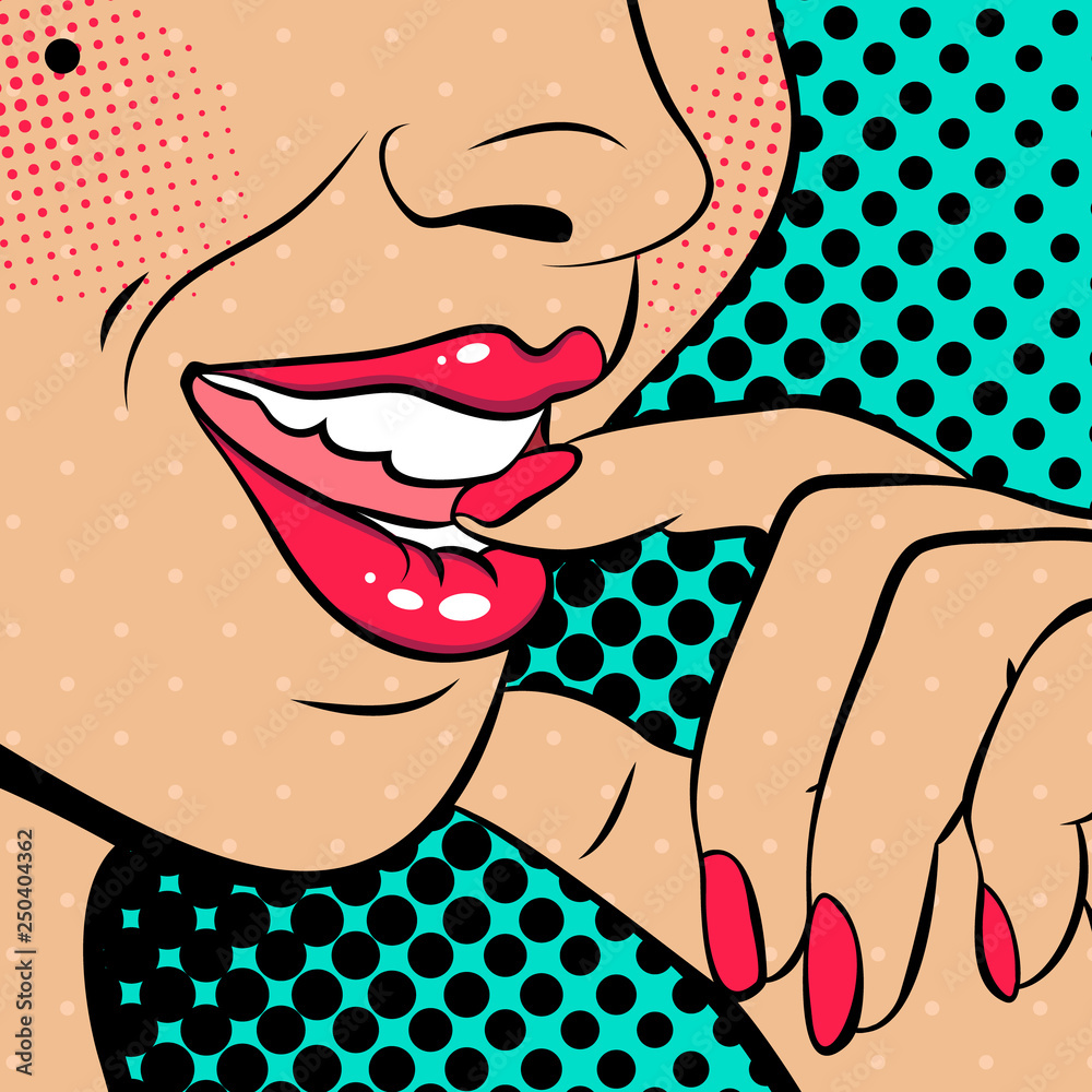 Wall mural Sexy pop art woman with  open mouth. Vector background in comic style retro pop art.  