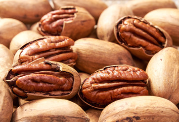 Pecan nuts background   close-up, healty food