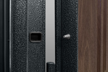 Opened Steel Dark Blue Metallic Door With Hinge