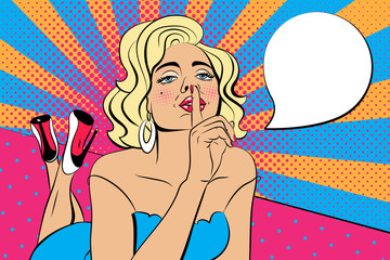Sexy, blond pop art woman with beautiful eyes on the podium. Vector background in comic style retro pop art. Invitation to a party.