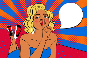 Sexy, blond pop art woman with beautiful eyes and mouth, in evening dress, lying on the podium. Vector background in comic style retro pop art. Invitation to a party.