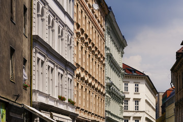 Fototapeta na wymiar Colorful buildings in street of Bratislava, Slovakia.