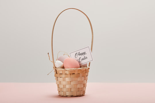 Easter Chicken And Quail Egg In Straw Basket, Card With Happy Easter Lettering