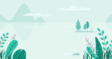 Fototapeta na wymiar Flat vector background of spring landscape with minimal trees, lake, mountains, flowers, grass. Fantasy nature seamless border. Summer cartoon illustration