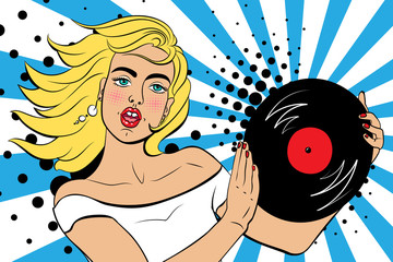 Sexy, surprised blonde pop art woman with beautiful eyes and open mouth, holds a musical plate in her hands. Vector background in comic style retro pop art. Invitation to a retro party. Face close-up.