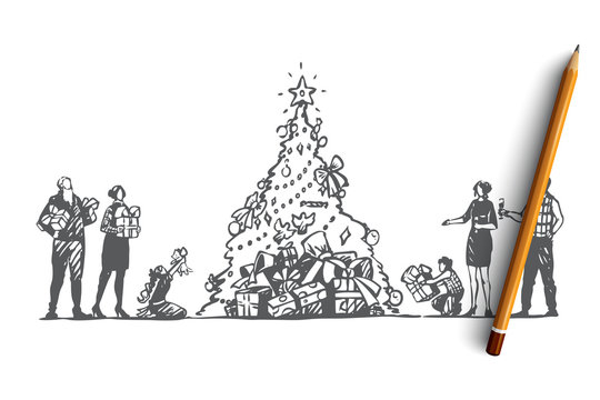 Christmas, big family, tree, celebration, happy concept. Hand drawn isolated vector.