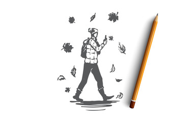 Autumn, man, fall, walking, season concept. Hand drawn isolated vector.