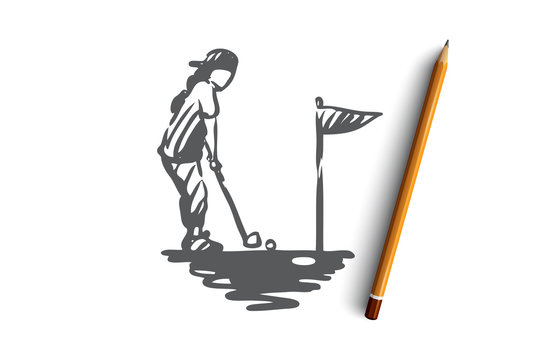 Girl, golf, racket, golfing, sport concept. Hand drawn isolated vector.