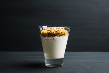 Healthy and tasty breakfast with muesli and yogurt. Selective focus.