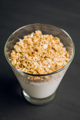 Healthy and tasty breakfast with muesli and yogurt. Selective focus.
