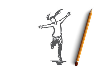 Girl, happy, run, childhood, leisure concept. Hand drawn isolated vector.