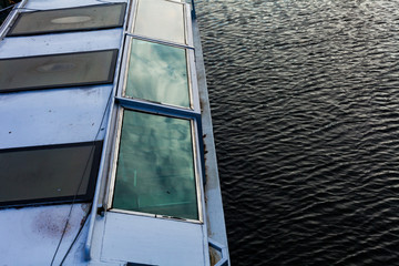 Tourism boat and restaurant on the river for panoramic visit. Windows on the boat restaurant