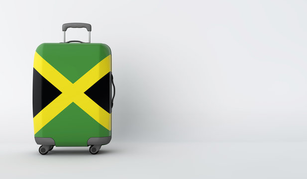 Travel suitcase with the flag of Jamaica. Holiday destination. 3D Render