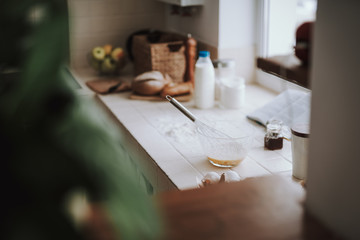 Close up of a kitchen table with a bowl on it